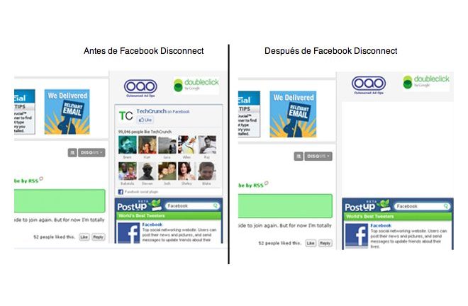 Antes y después de Facebook Disconnect. Foto: TechCrunch