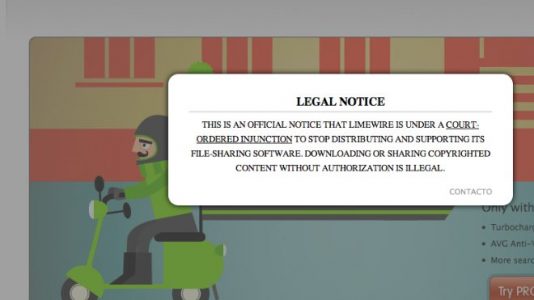 Así quedó www.limewire.con. Hay un aviso que dice que están cerrados por ordenes de un juez