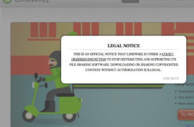 Así quedó www.limewire.con. Hay un aviso que dice que están cerrados por ordenes de un juez