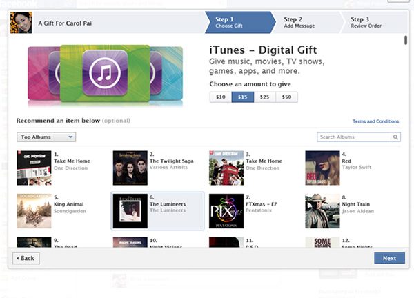 Tarjetas de regalo iTunes en Facebook