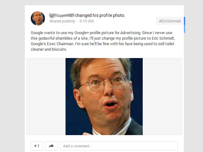 Qué Eric Schmidt use su propio rostro para hacer publicidad. 