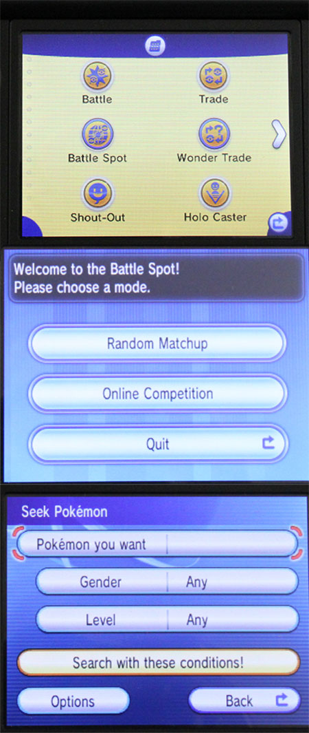 El menu de PSS, las opciones de Battle Spot y las opciones de Global Trade System.