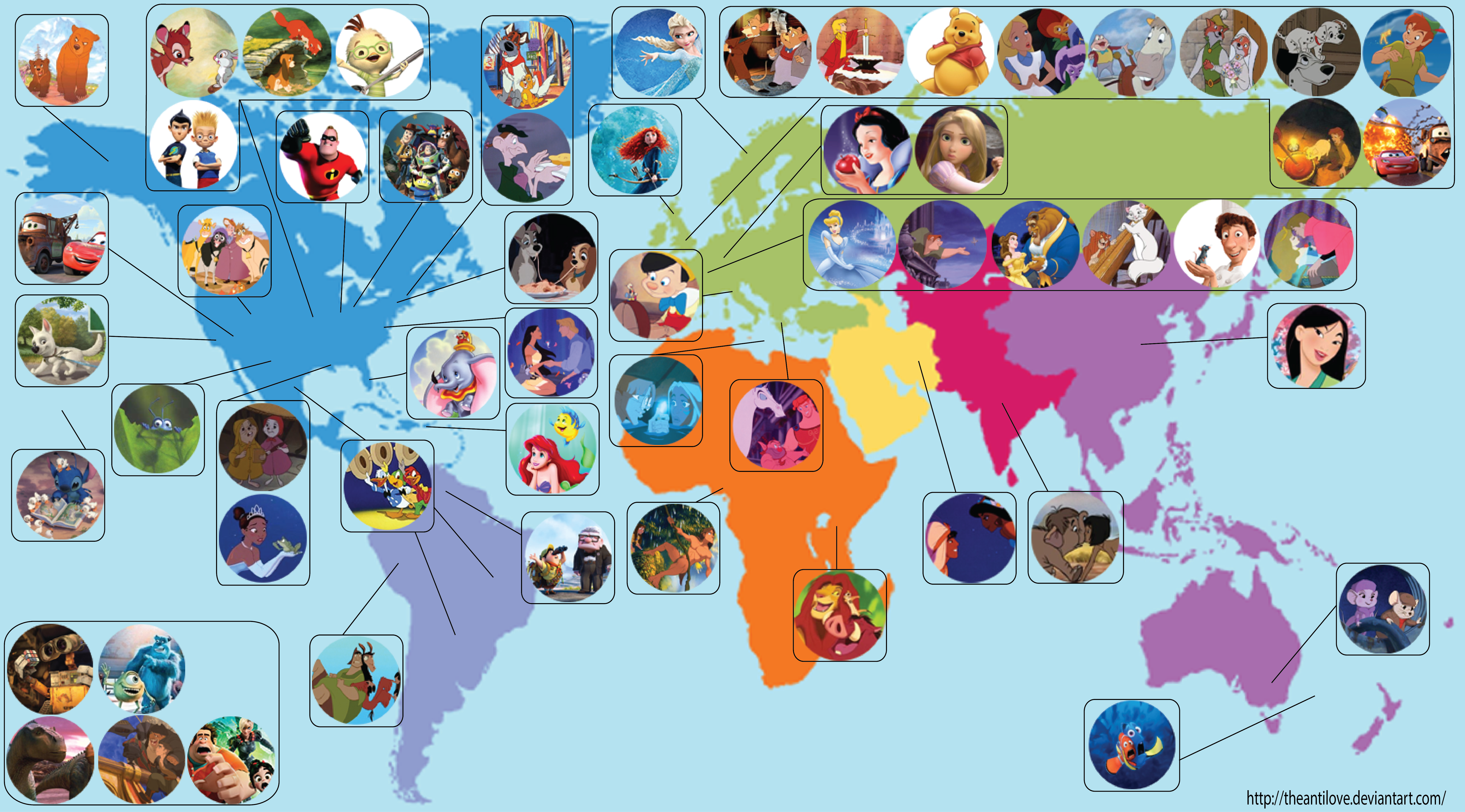 Disney y Pixar, con mucho amor. Imagen: theantilove (vía deviantart)