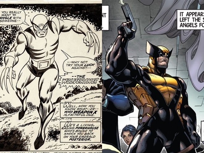 A la izquierda la primera aparición de Wolverine (The Incredible Hulk #180), a la derecha el diseño más reciente del personaje (Wolverine #2).