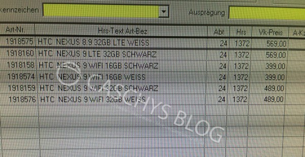 Precios Nexus 9 en los retailers alemanes. 