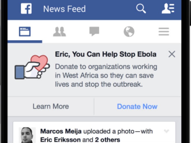 Donaciones para luchar contra el ébola en Facebook. 