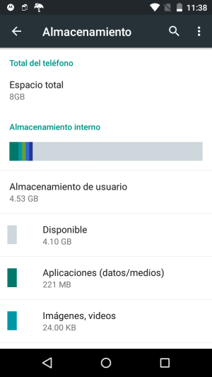 Sin haber instalado ninguna aplicación, el Moto G con 8 GB tiene para el usuario solo 4,1 GB.