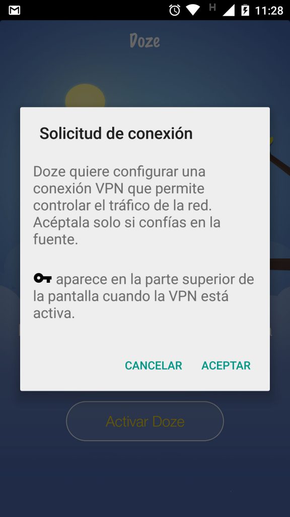 Para activar la app Doze debes darle permiso de crear una VPN.