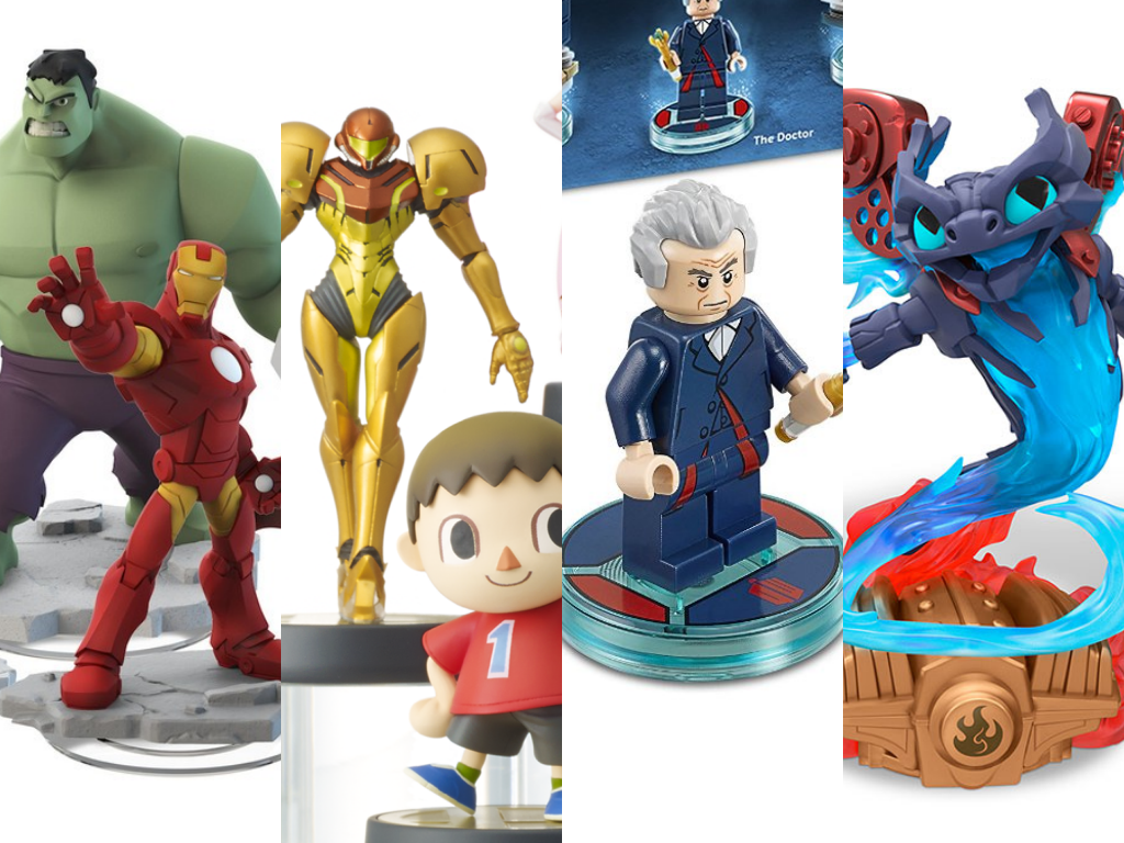 De izquierda a derecha: 'Infinity', Amiibos, 'Lego Dimensions', 'Skylanders'.