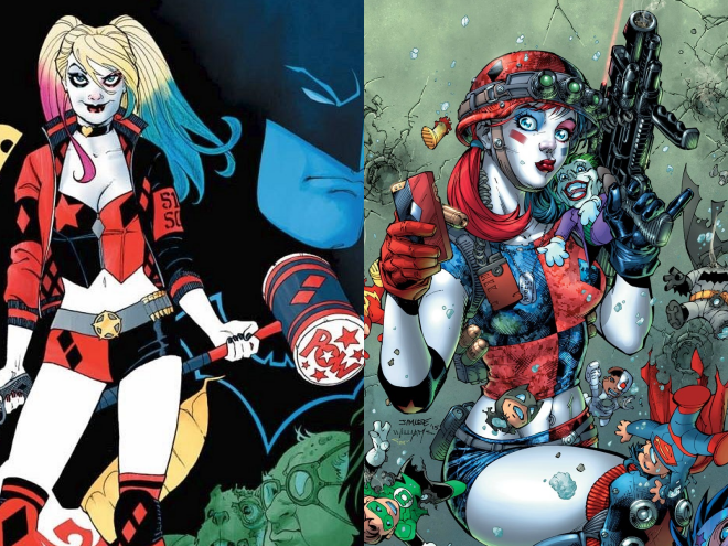 A la izquierda: El diseño más reciente del personaje en DC Rebirth (que estrena cómic hoy). A la derecha: Harley Quinn en el Escuadrón Suicida de DC Rebirth.