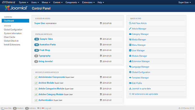 El panel de control de Joomla es superior. 