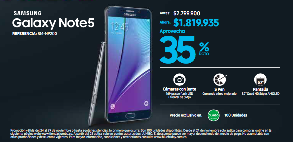 El Galaxy Note 5 tiene un descuento del 35%.