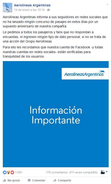 Aerolineas Argetinas estafa WhatsApp