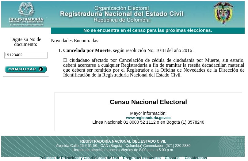Esto muestra la web de la Registraduría al ingresar el número de cédula de Juan Manuel Santos.