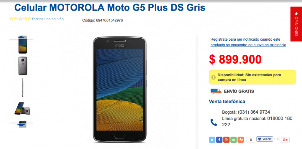 El Moto G5 Plus en Colombia costaría 899.900 pesos. 