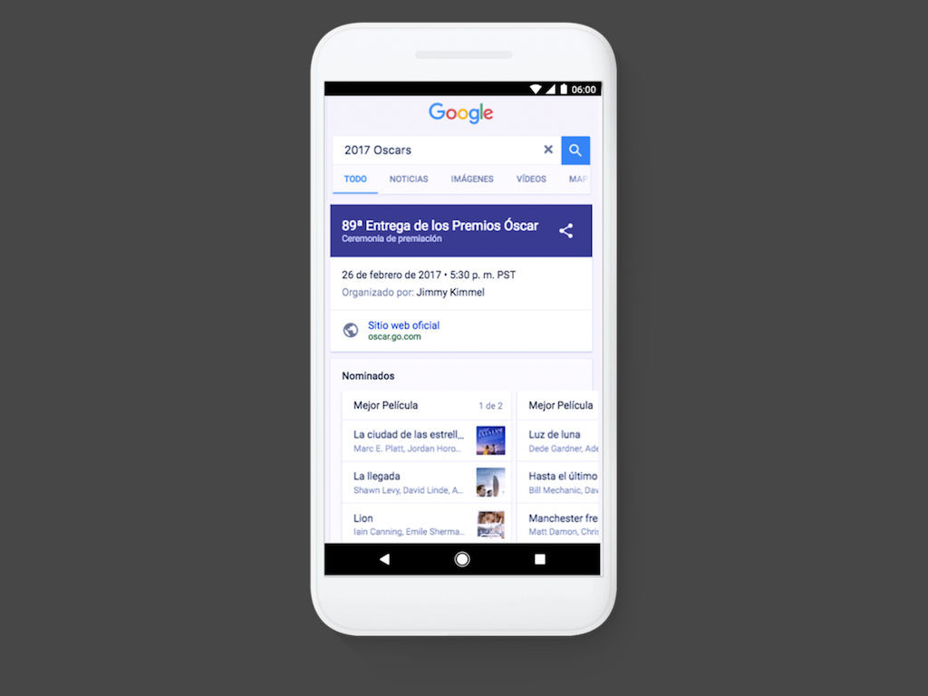 Busca Oscar 2017 en tu app de Google y recibe información de los premios en tiempo real. 