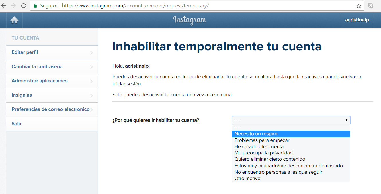 SI quieres volver pronto, inhabilita tu cuenta.