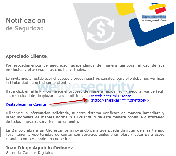 Así lice el correo que envían los estafadores a nombre de Bancolombia. 