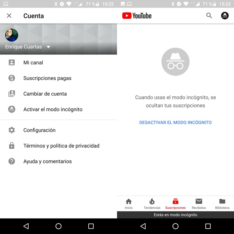 modo incognito youtube