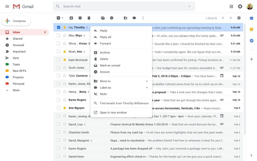 Gmail nuevas opciones clic derecho