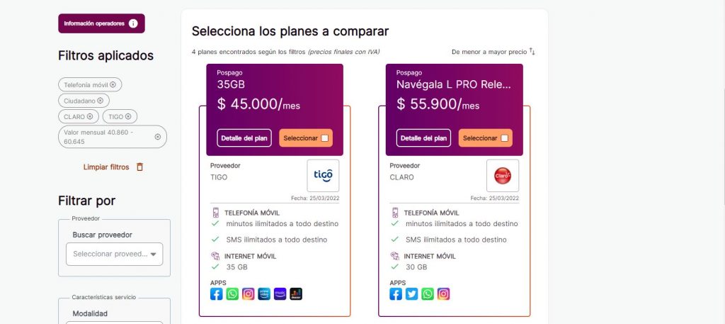 Comparador de planes