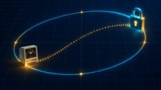 Ilustración de una curva elíptica que conecta un computador antiguo con un candado digital
