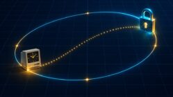 Ilustración de una curva elíptica que conecta un computador antiguo con un candado digital