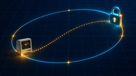 Ilustración de una curva elíptica que conecta un computador antiguo con un candado digital