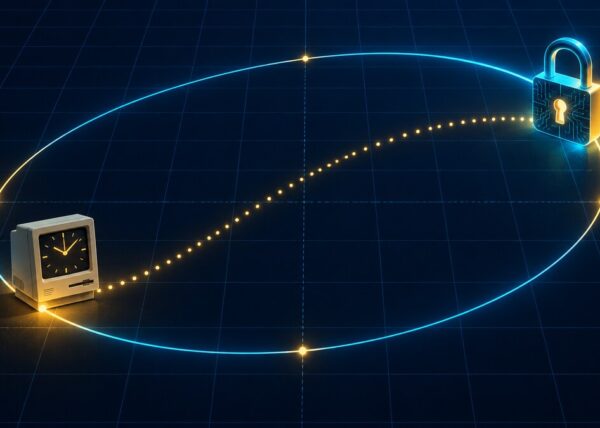 Ilustración de una curva elíptica que conecta un computador antiguo con un candado digital
