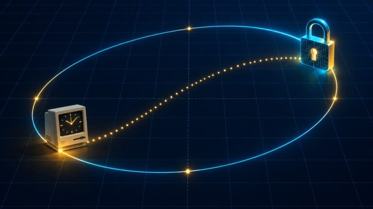 Ilustración de una curva elíptica que conecta un computador antiguo con un candado digital