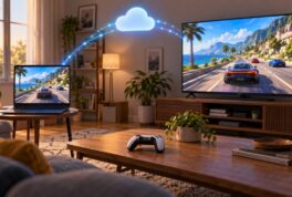 Ilustración de un PC y un televisor mostrando un juego de carreras ficticio, conectados a una nube, con un control en la mesa.