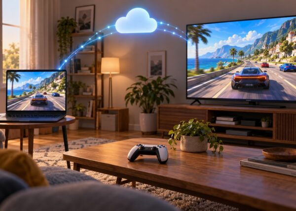 Ilustración de un PC y un televisor mostrando un juego de carreras ficticio, conectados a una nube, con un control en la mesa.