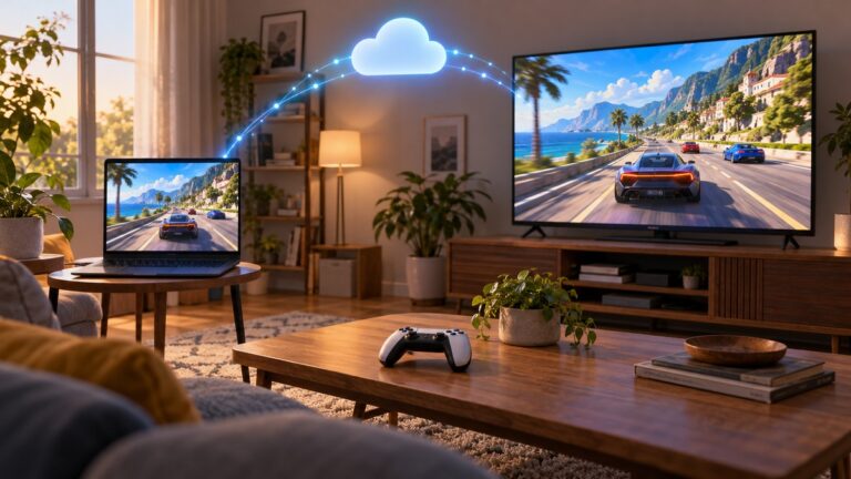 Ilustración de un PC y un televisor mostrando un juego de carreras ficticio, conectados a una nube, con un control en la mesa.