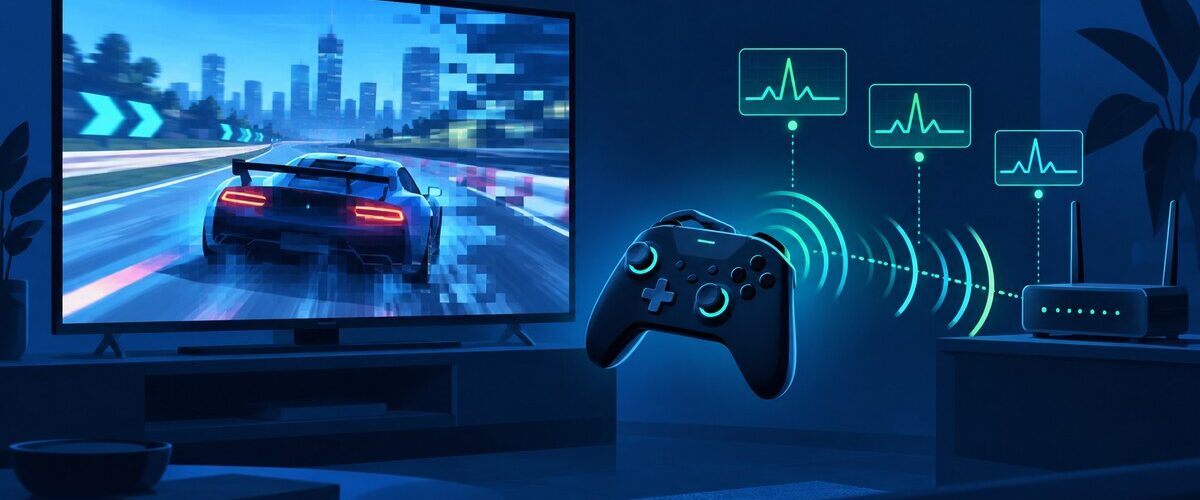 Ilustración de un televisor con un juego pixelado, un control inalámbrico y un router con gráficas de latencia