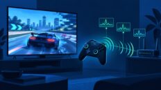 Ilustración de un televisor con un juego pixelado, un control inalámbrico y un router con gráficas de latencia