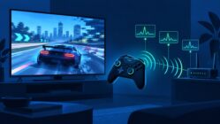 Ilustración de un televisor con un juego pixelado, un control inalámbrico y un router con gráficas de latencia