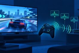 Ilustración de un televisor con un juego pixelado, un control inalámbrico y un router con gráficas de latencia