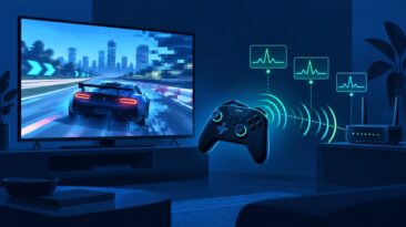 Ilustración de un televisor con un juego pixelado, un control inalámbrico y un router con gráficas de latencia
