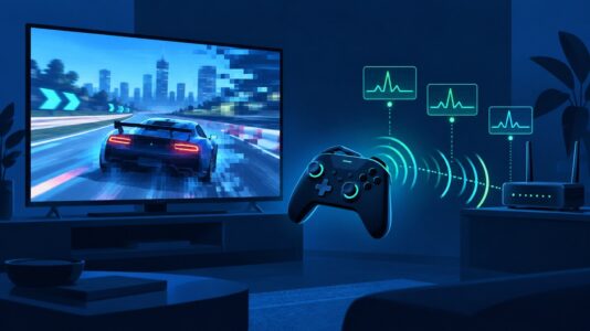 Ilustración de un televisor con un juego pixelado, un control inalámbrico y un router con gráficas de latencia