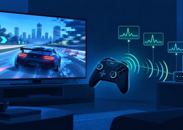 Ilustración de un televisor con un juego pixelado, un control inalámbrico y un router con gráficas de latencia