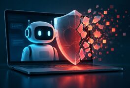 Ilustración de un chatbot junto a un escudo de seguridad agrietado que se desarma en fragmentos