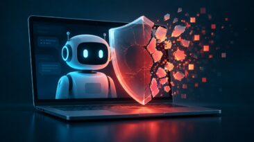 Ilustración de un chatbot junto a un escudo de seguridad agrietado que se desarma en fragmentos