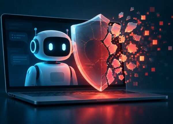 Ilustración de un chatbot junto a un escudo de seguridad agrietado que se desarma en fragmentos