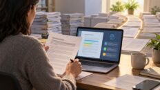 Ilustración creada con IA: una persona revisa documentos financieros con ayuda de una herramienta digital.