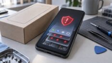 Ilustración de un celular Android con software malicioso oculto bajo la interfaz.