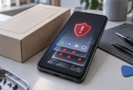 Ilustración de un celular Android con software malicioso oculto bajo la interfaz.