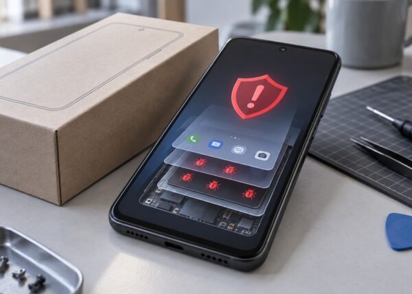 Ilustración de un celular Android con software malicioso oculto bajo la interfaz.