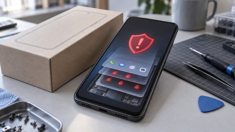 Ilustración de un celular Android con software malicioso oculto bajo la interfaz.