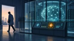 Ilustración conceptual de un investigador que sale de un laboratorio de IA con controles de seguridad.
