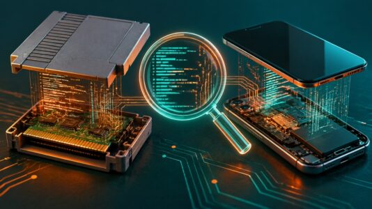 Ilustración generada con IA sobre ingeniería inversa con IA: un cartucho de videojuego y un celular abiertos, con código visible bajo una lupa